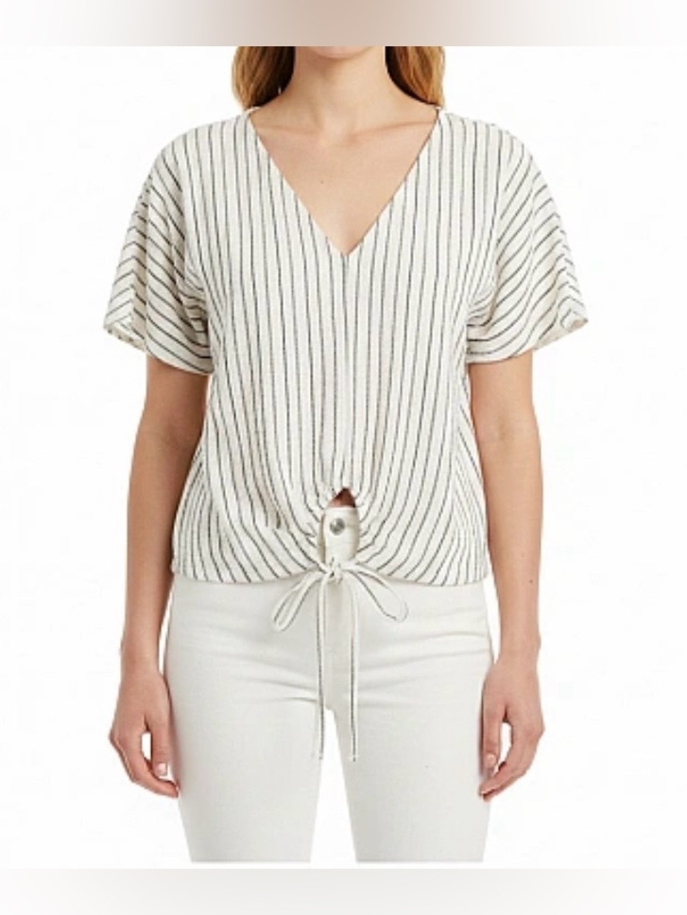 Zara White and Black Striped Tie-Front V-Neck Top size M